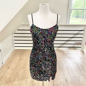 3, 5 black and colorful, sparkly sequence, spaghetti strap, mini dress